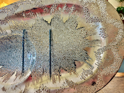 Silver round divided platter with glittery splash starburst texture and center divider