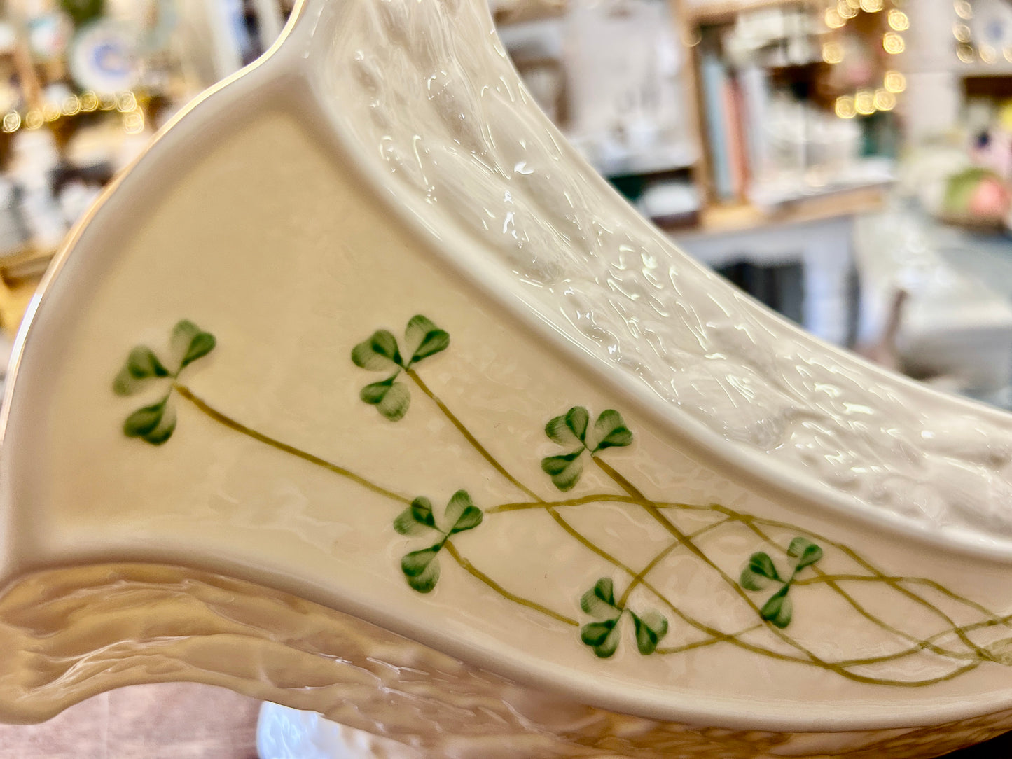 Cream Belleek Shamrock Cornucopia Ireland, 12"