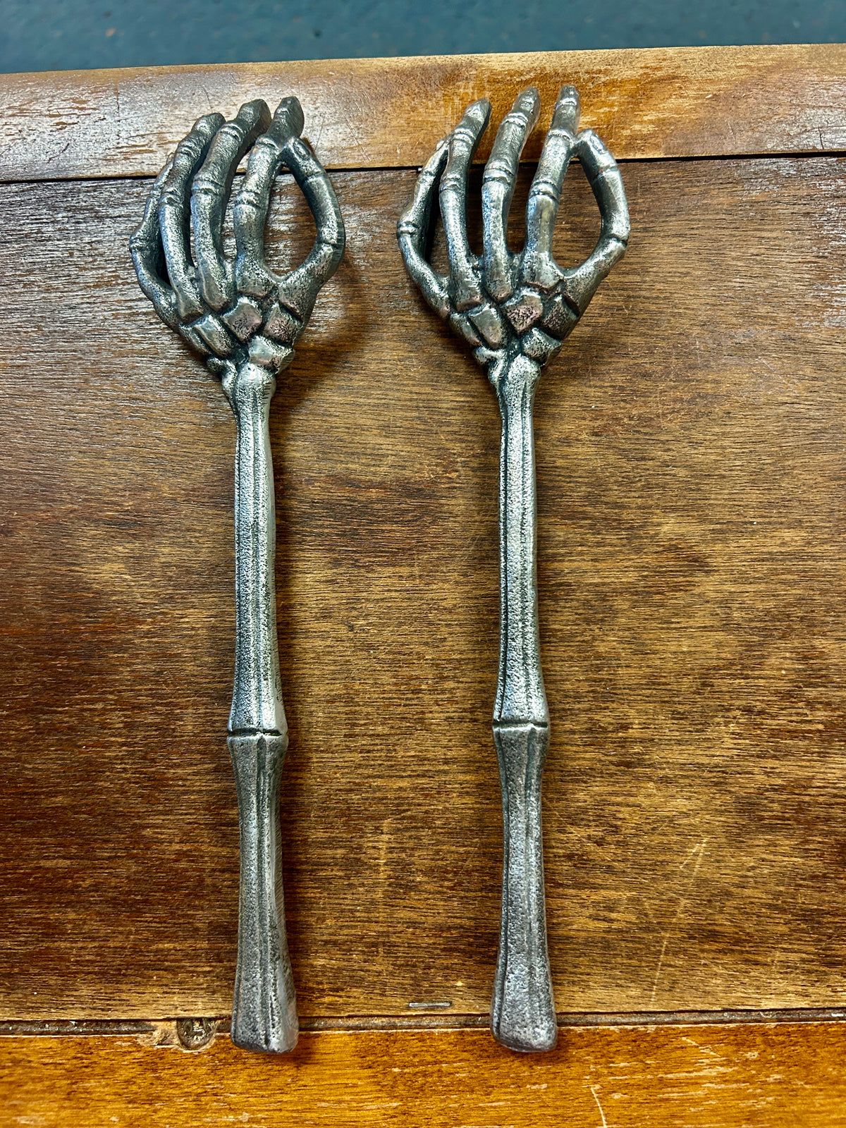 Silver skeleton hand forks, 2 pcs, full length handle with five finger tines.