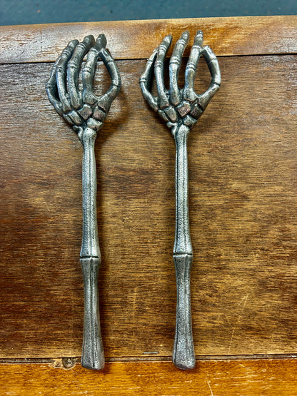 Silver skeleton hand forks, 2 pcs, full length handle with five finger tines.