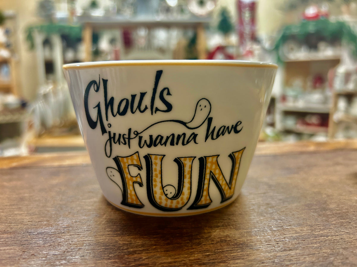 222 Fifth ghouls themed ceramic bowl with 'Just wanna have FUN' design and ghosts
