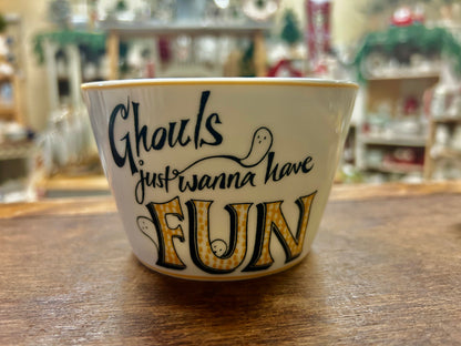 222 Fifth ghouls themed ceramic bowl with 'Just wanna have FUN' design and ghosts