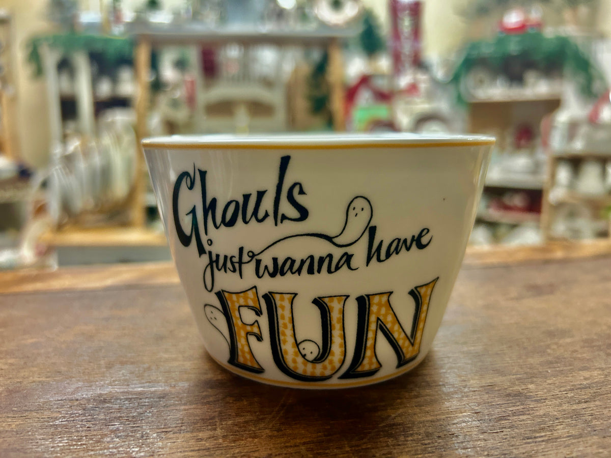 222 Fifth ceramic bowl with graphic text 'Ghouls Just Wanna Have FUN' and ghost