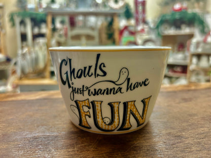 222 Fifth ceramic bowl with graphic text 'Ghouls Just Wanna Have FUN' and ghost