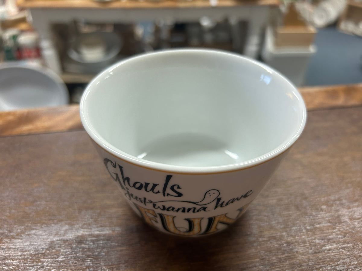 222 Fifth ceramic bowl with Halloween text graphic; white interior visible