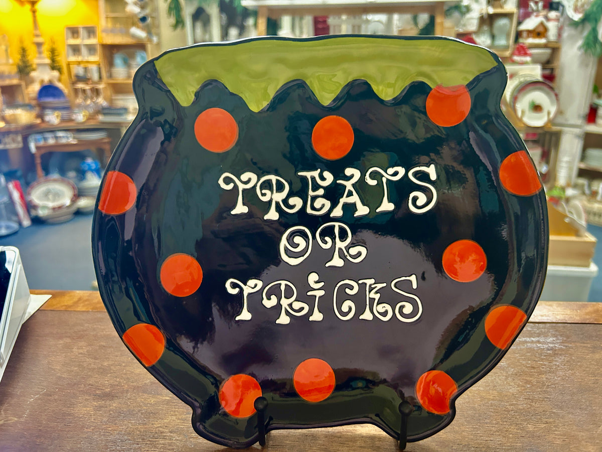 Halloween cauldron platter, dark with orange polka dots and 'Treats or Tricks' text
