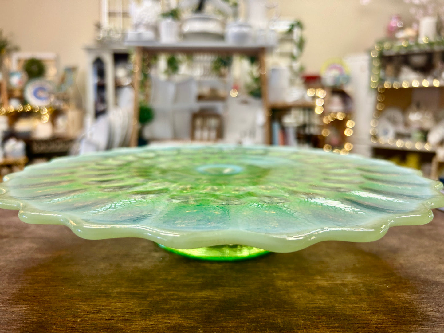 Green Fenton Colonial Thumbprint Cake Stand, 12"