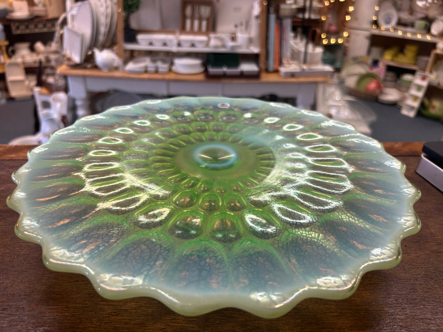 Green Fenton Colonial Thumbprint Cake Stand, 12"