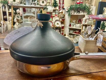 Dark gray tagine base with lid knob and hanging tag