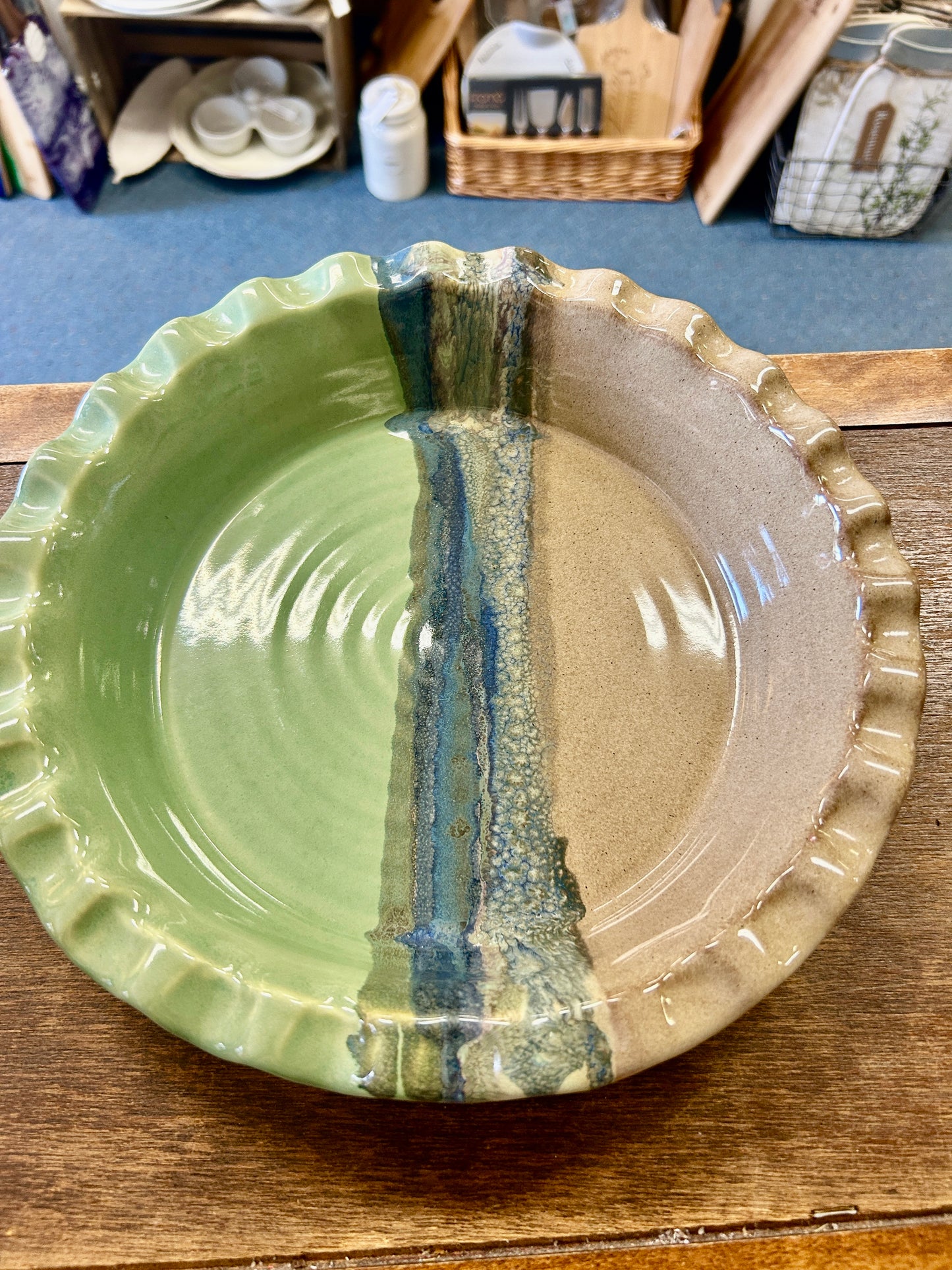 Green & Brown  Glazed Pie Plate, 10 3/4"