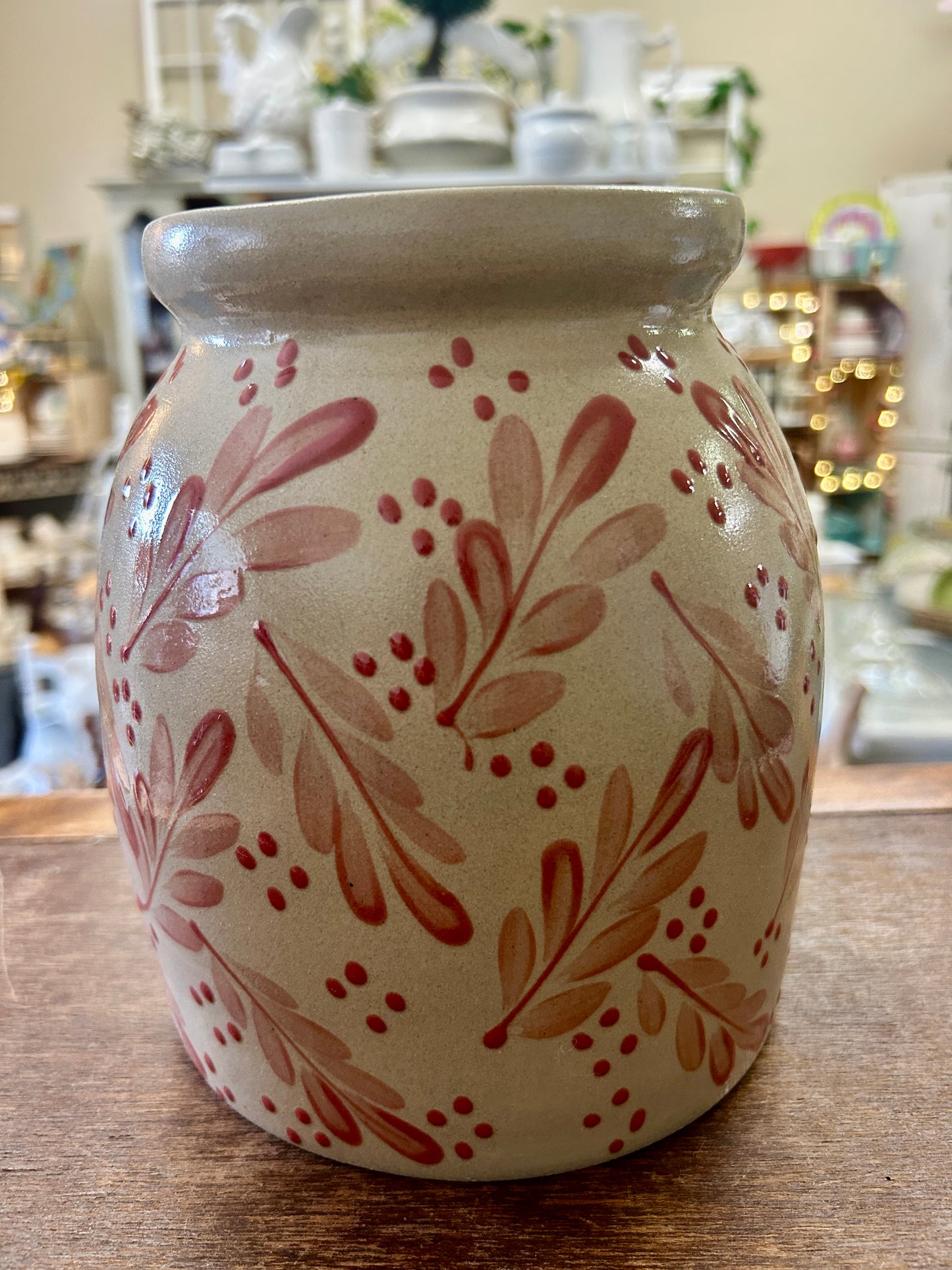 Beaumont Brothers Red Leaf Stoneware Crock, 7 1/2"