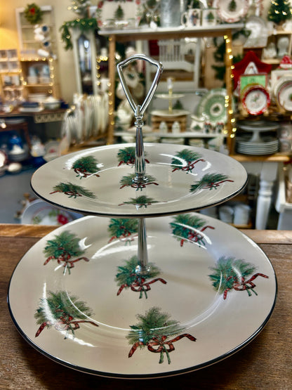 Two-tier holiday dessert stand with two plates and metal center post