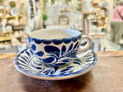 Blue & White Pottery Barn Anfora Cup & Saucer Mexico, 6 1/4"