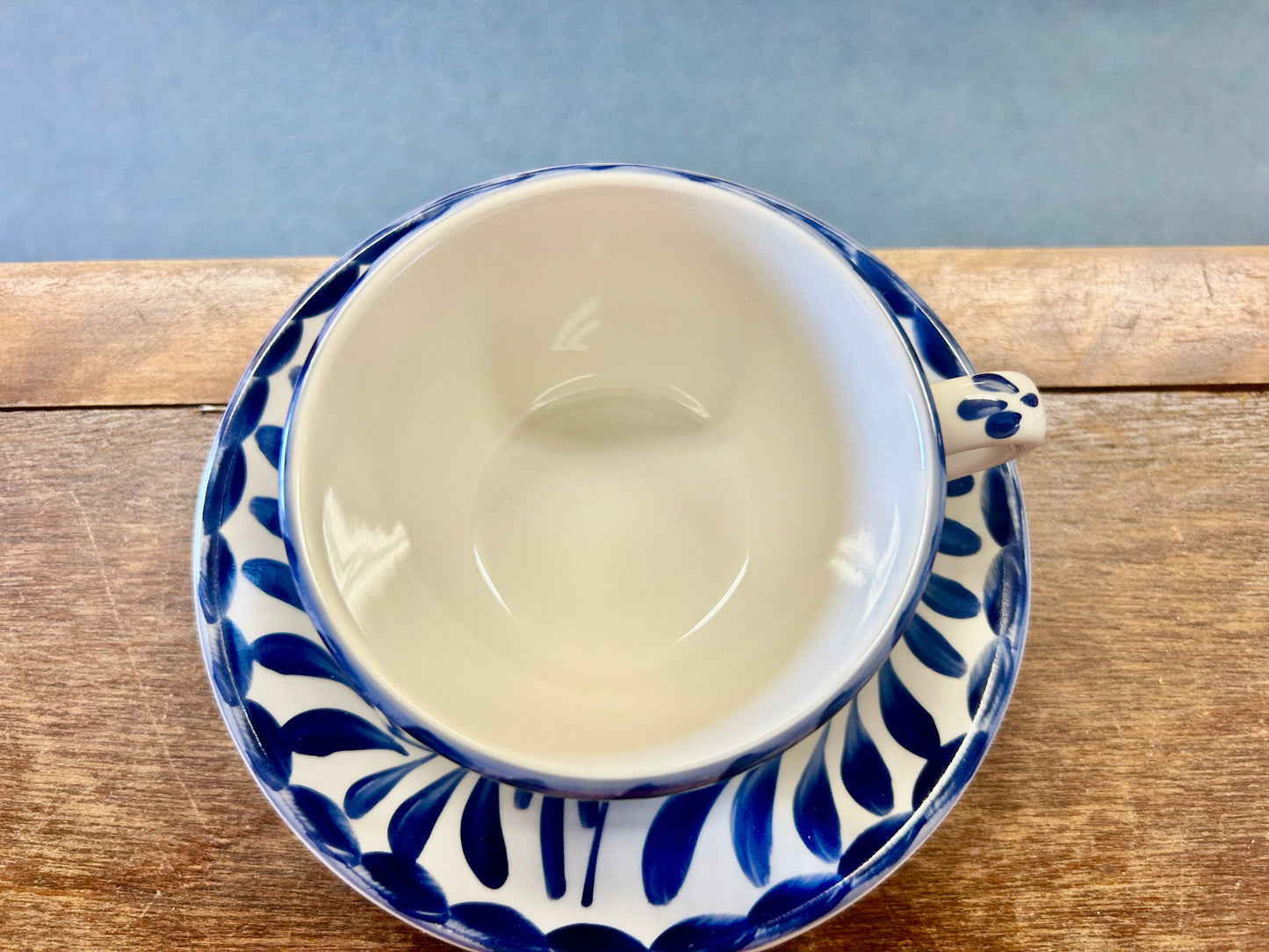 Blue & White Pottery Barn Anfora Cup & Saucer Mexico, 6 1/4"