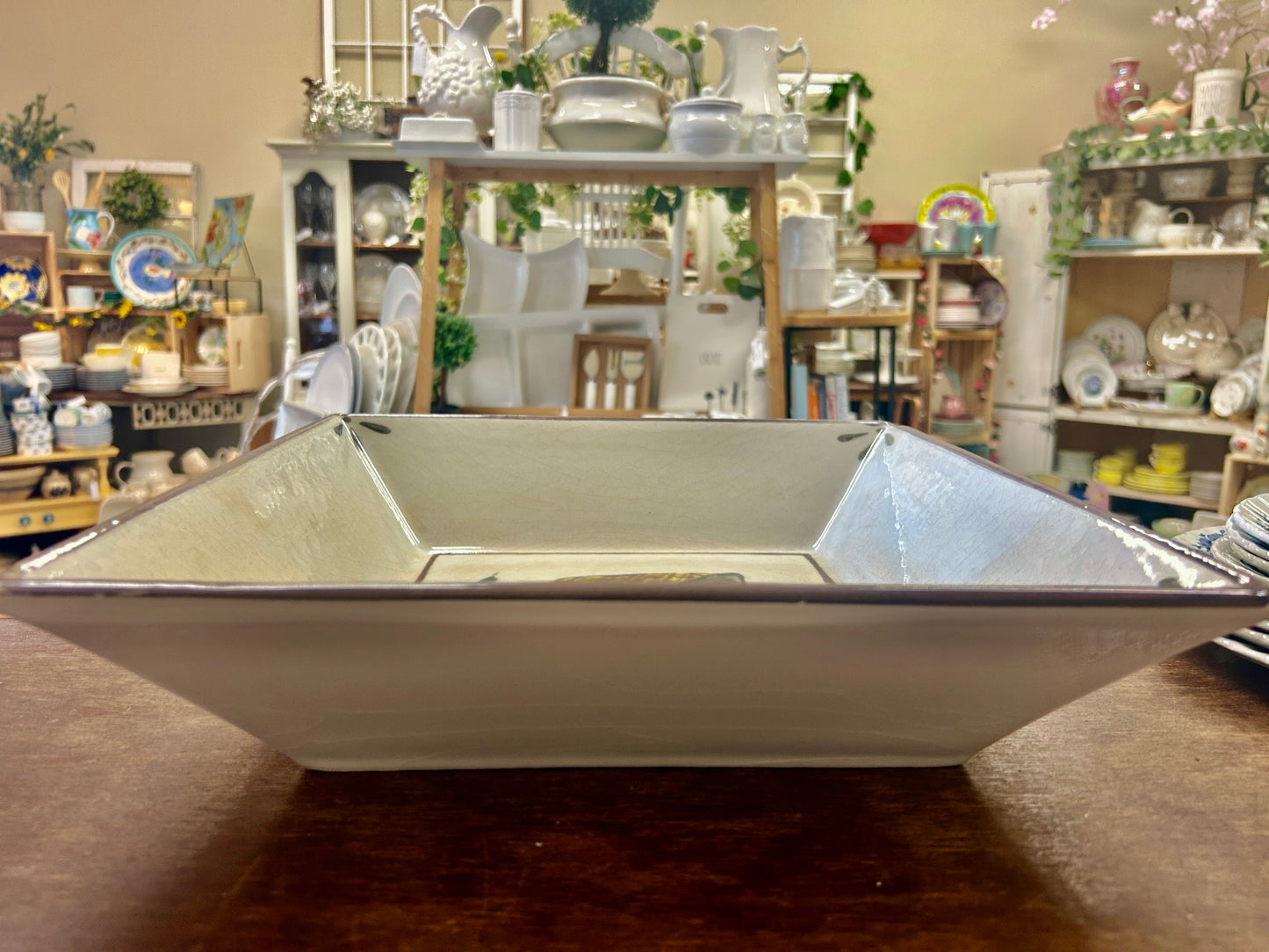 Green & Cream Williams Sonoma Square House Bowl Italy, 13"