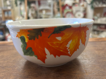 White ceramic serving bowl with multicolor autumn leaves design