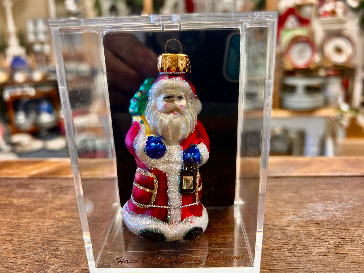 Santa Claus glass ornament in clear gift box, multicolor glitter suit and beard