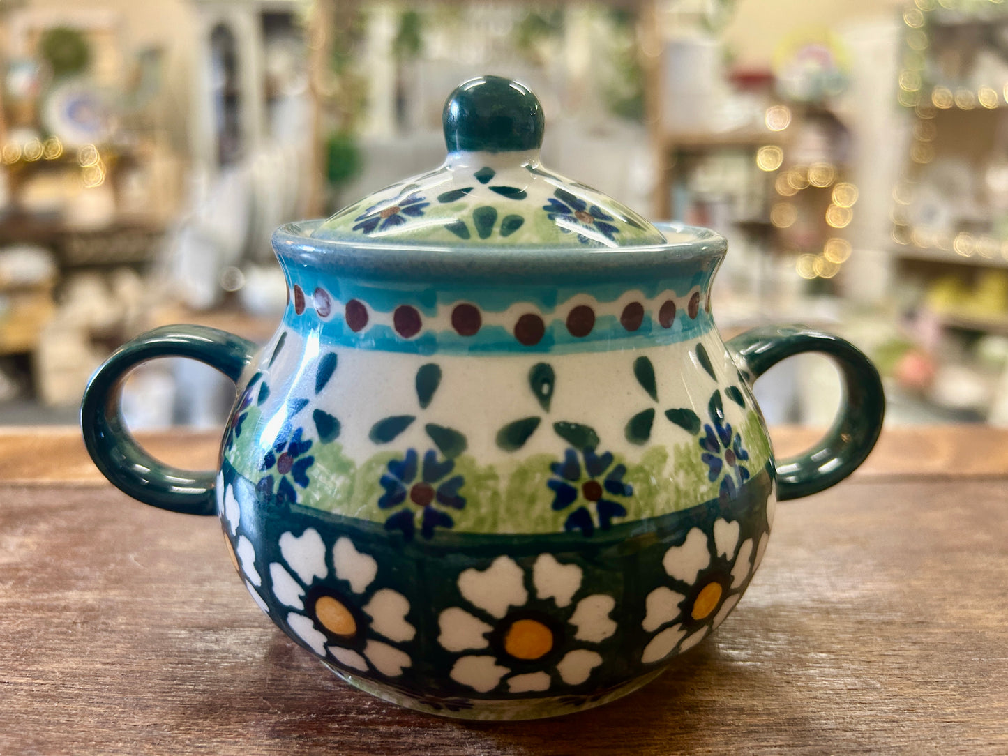 Multicolor Boleslawiec Green Daisy Sugar & Creamer, 3 1/4"