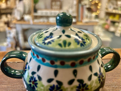 Multicolor Boleslawiec Green Daisy Sugar & Creamer, 3 1/4"