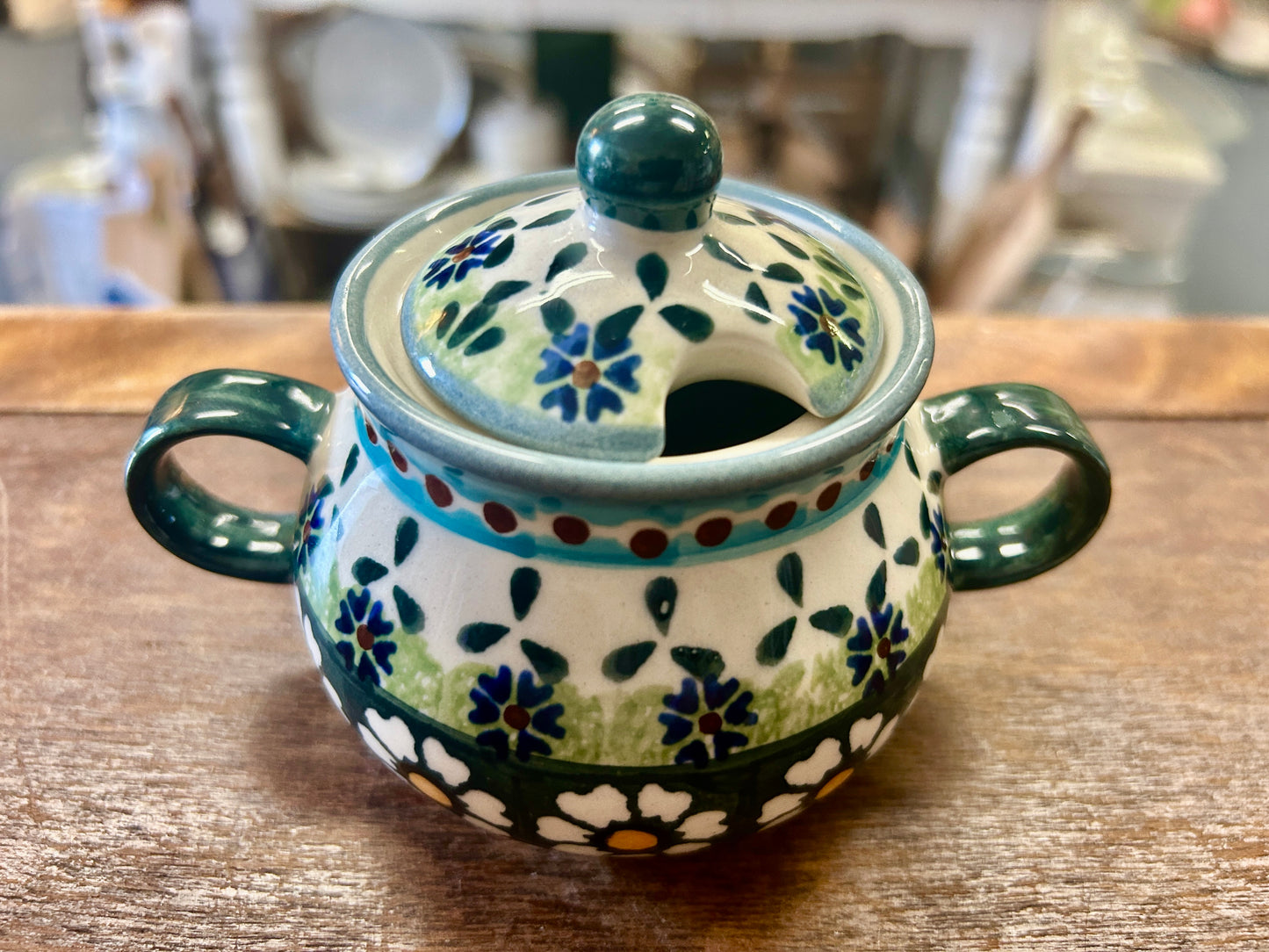 Multicolor Boleslawiec Green Daisy Sugar & Creamer, 3 1/4"