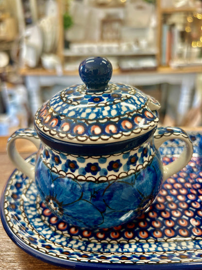 Blue & Pink UNIKAT Chyka Sugar/Creamer/Tray Set 3, 9 1/2"