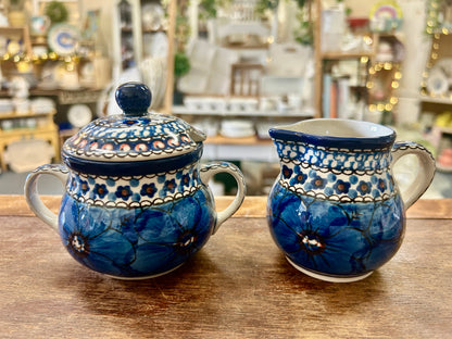 Blue & Pink UNIKAT Chyka Sugar/Creamer/Tray Set 3, 9 1/2"