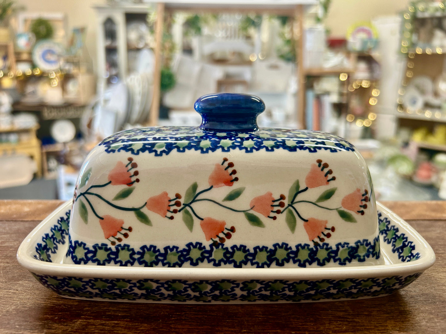 Multicolor Boleslawiec Blue Rose Butter Dish, 7 1/2"