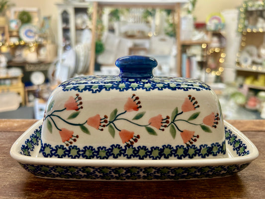 Multicolor Boleslawiec Blue Rose Butter Dish, 7 1/2"