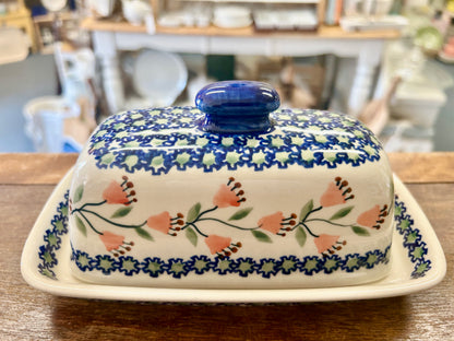 Multicolor Boleslawiec Blue Rose Butter Dish, 7 1/2"