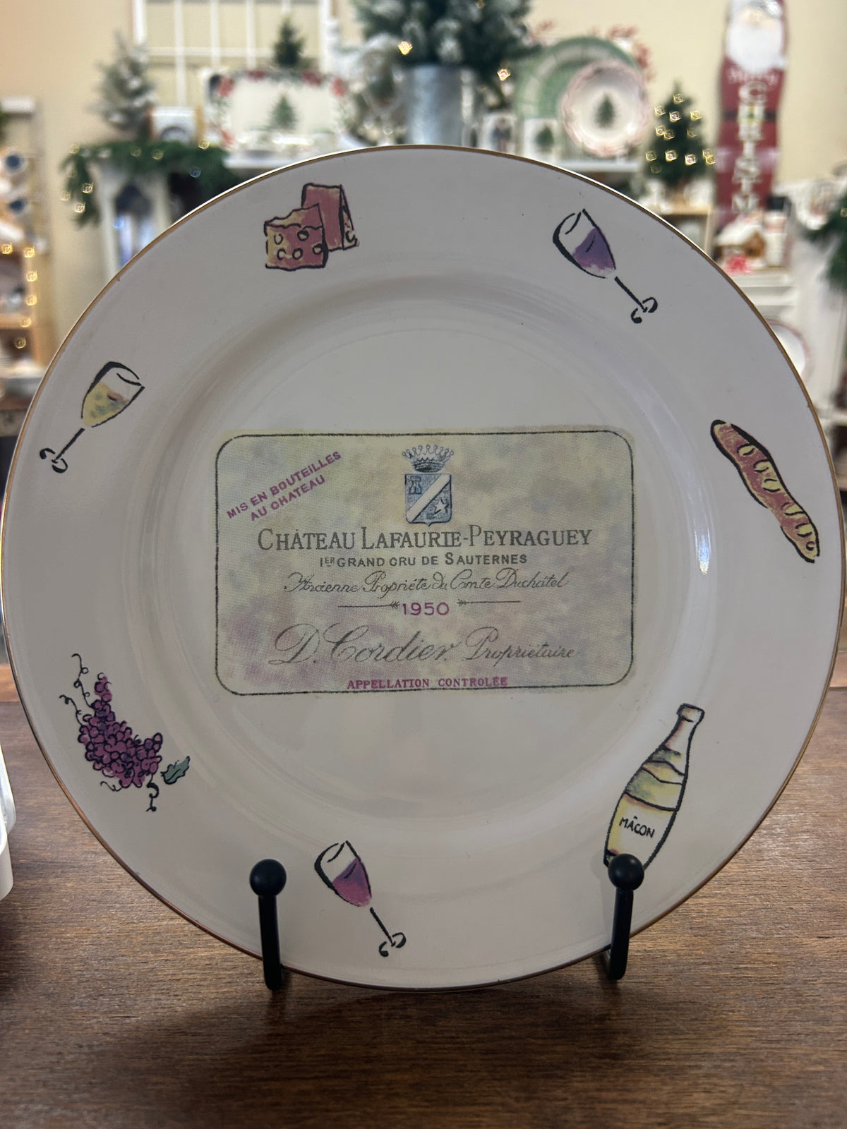Multicolor Rosanna wine plate with illustrated rim and central label, 8-inch