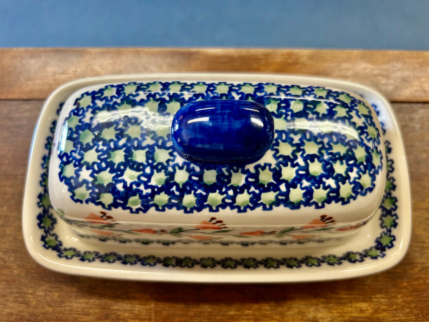 Multicolor Boleslawiec Blue Rose Butter Dish, 7 1/2"