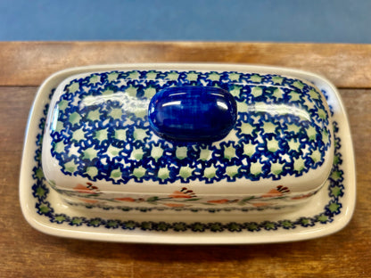 Multicolor Boleslawiec Blue Rose Butter Dish, 7 1/2"