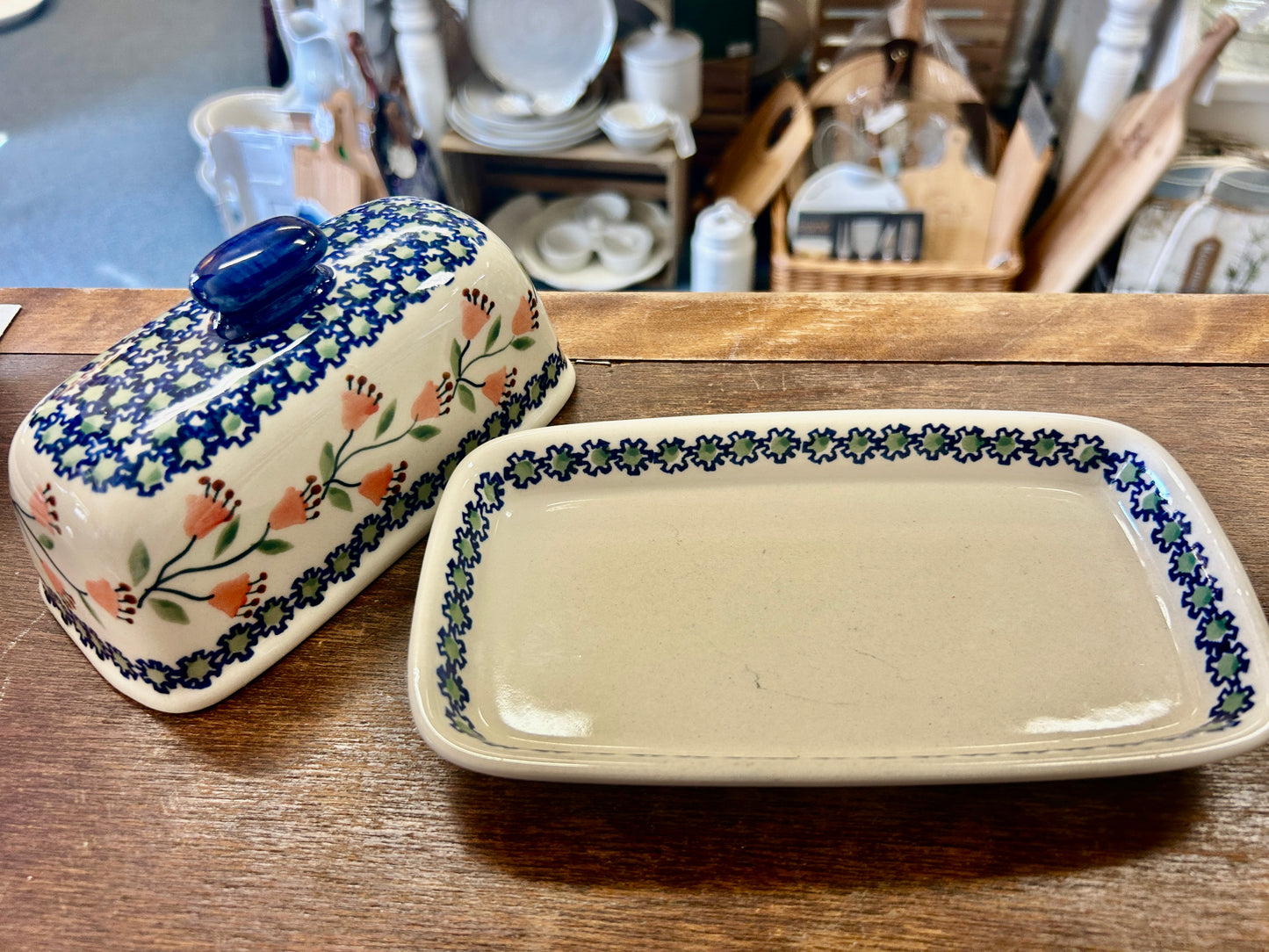 Multicolor Boleslawiec Blue Rose Butter Dish, 7 1/2"