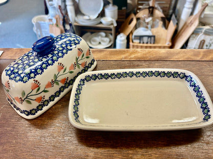 Multicolor Boleslawiec Blue Rose Butter Dish, 7 1/2"
