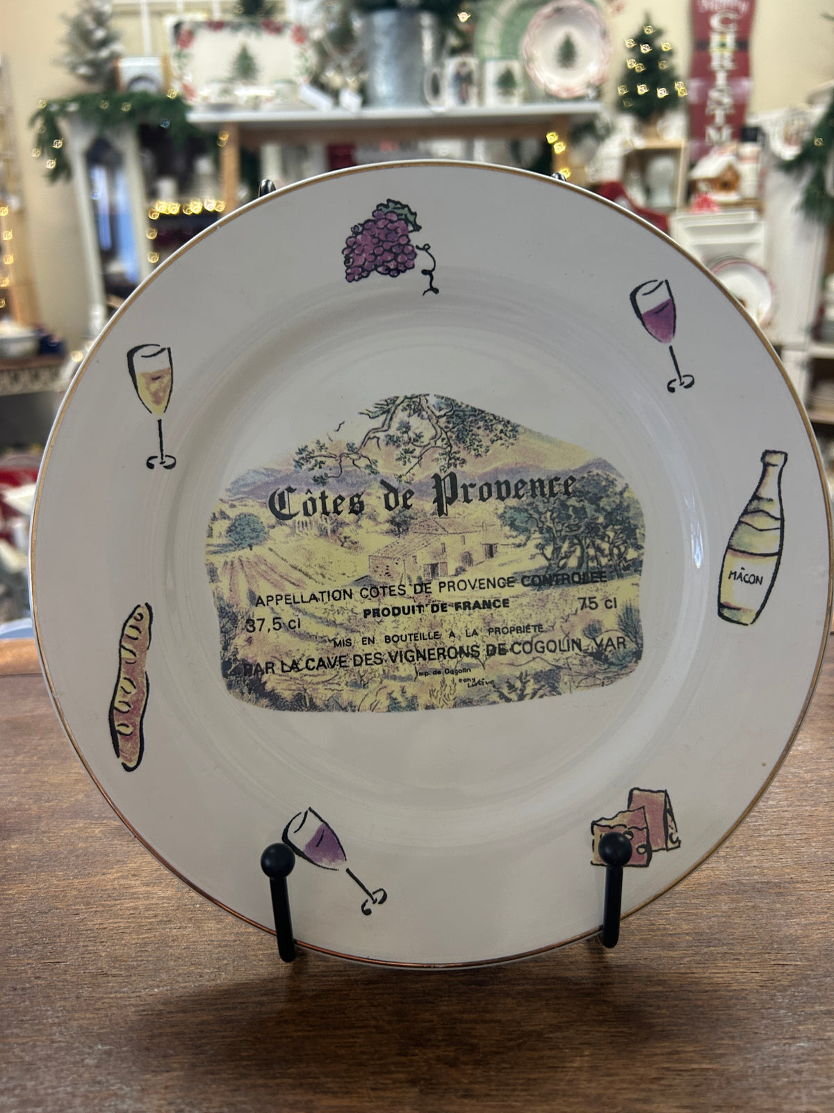 Multicolor decorative wine plate with grape-and-wine label center and outlined border