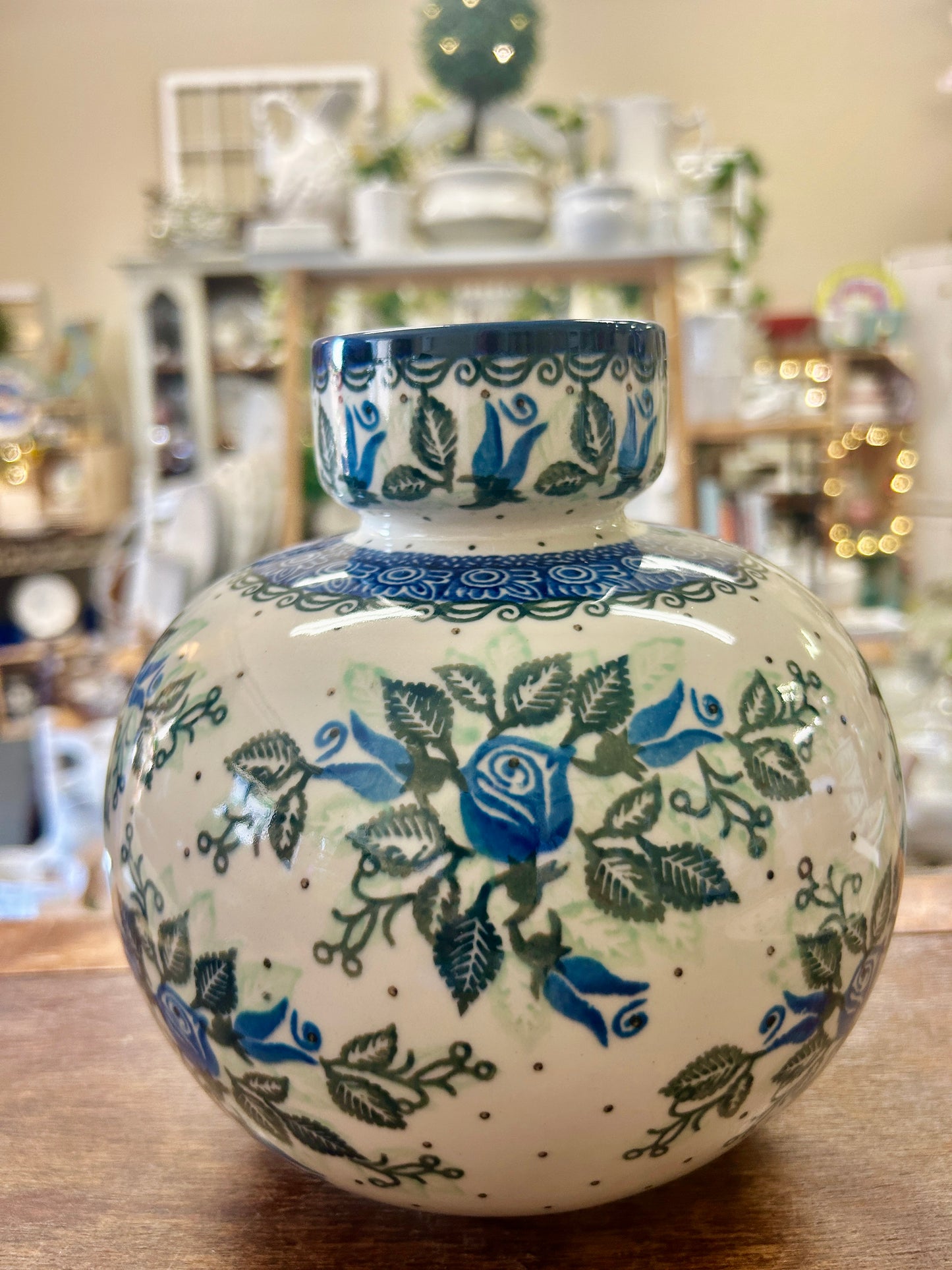 Blue & Green UNIKAT Maczka Round Ball Vase, 7 1/2"