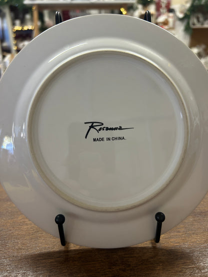 White wine plate back with Rosanna logo and Made in China text