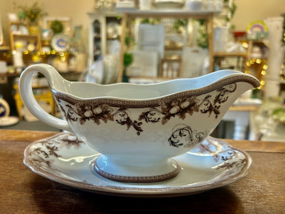 Brown & White Williams Sonoma Acorn Gravy Boat & Tray, 8 3/4"