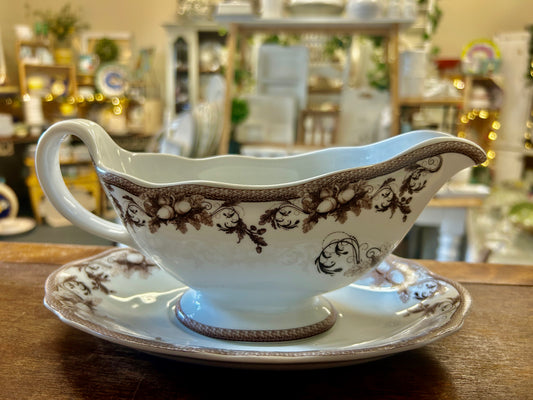 Brown & White Williams Sonoma Acorn Gravy Boat & Tray, 8 3/4"