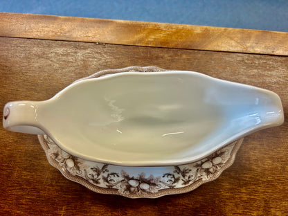 Brown & White Williams Sonoma Acorn Gravy Boat & Tray, 8 3/4"