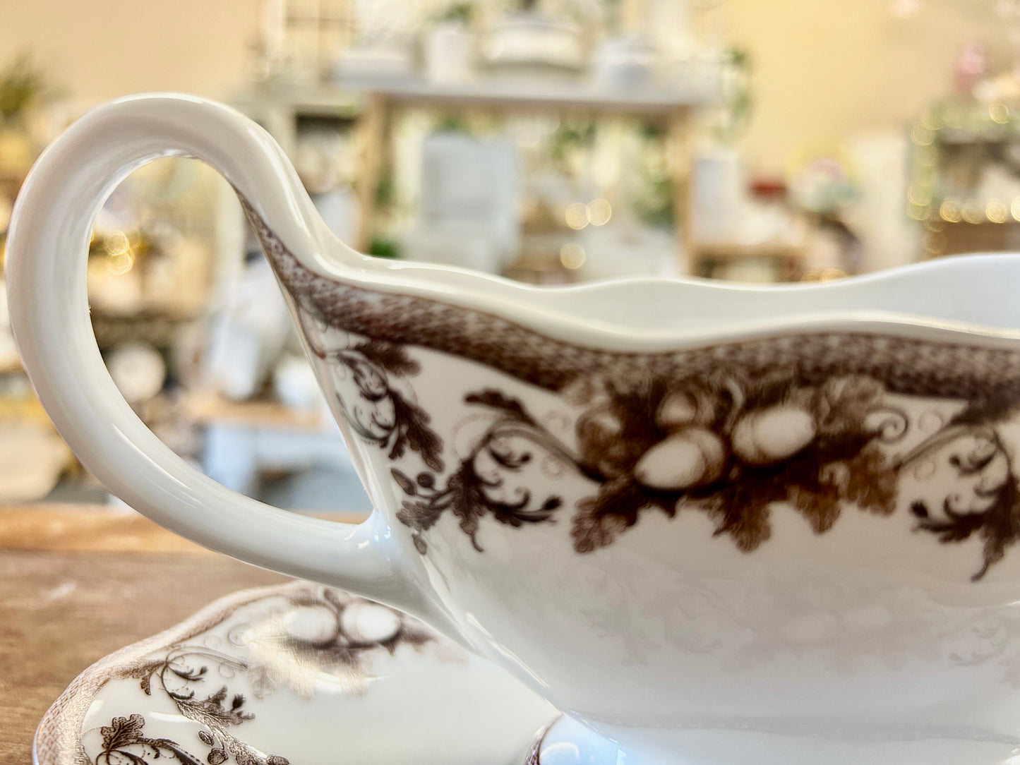 Brown & White Williams Sonoma Acorn Gravy Boat & Tray, 8 3/4"