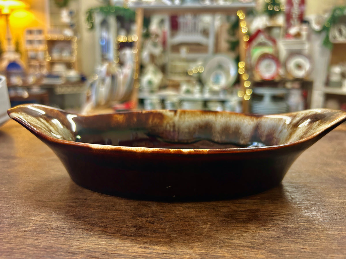 Pfaltzgraff oval au gratin dish, glossy dark brown with speckled drip glaze rim