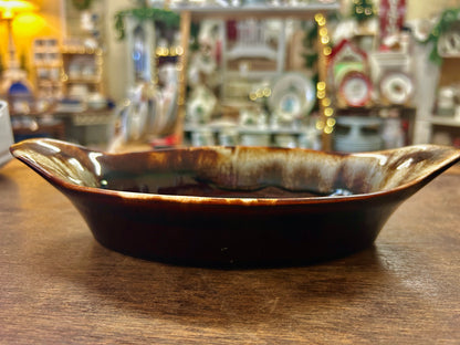 Pfaltzgraff oval au gratin dish, glossy dark brown with speckled drip glaze rim