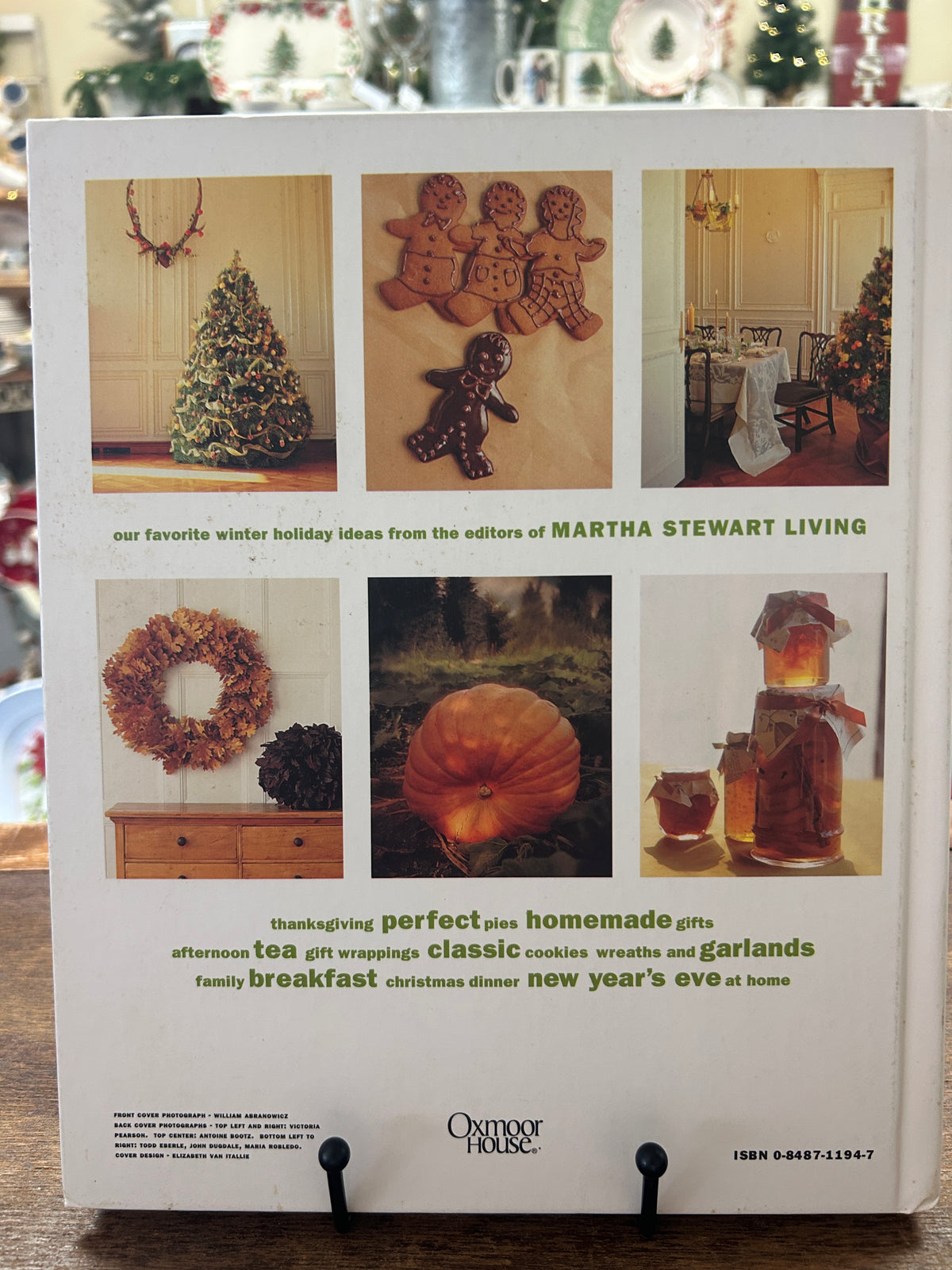 Holidays cookbook back cover with collage of holiday decor photos and text