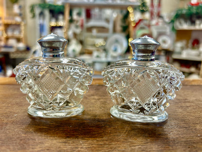 Vintage clear glass salt & pepper shakers with diamond-cut pattern and metal caps