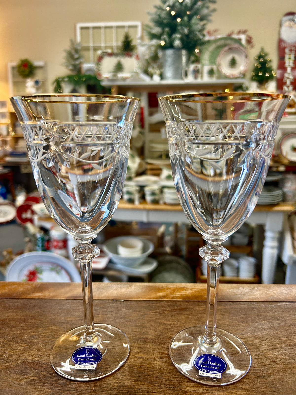 Royal Doulton crystal wine glasses, clear with gold trim, set of two