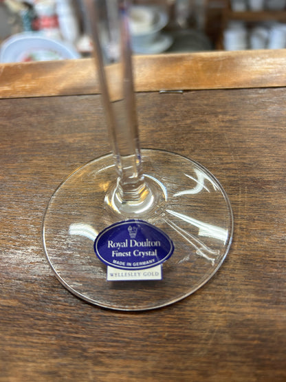 Royal Doulton wine glass base with blue gold-foil label, clear crystal