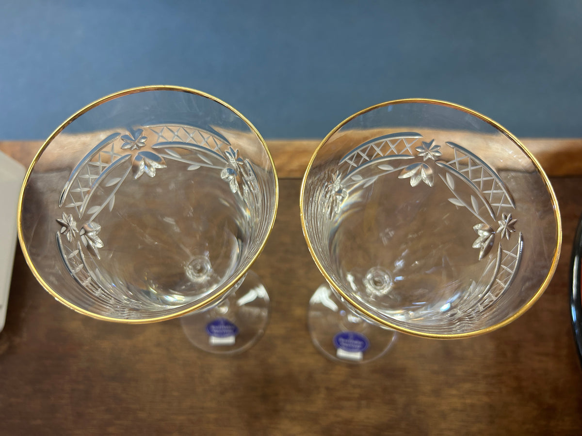 Royal Doulton crystal wine glass bottoms with gold rim and etched wreath