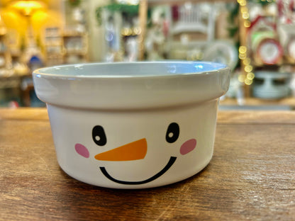 White 4-inch bowl with snowman face and blue rim