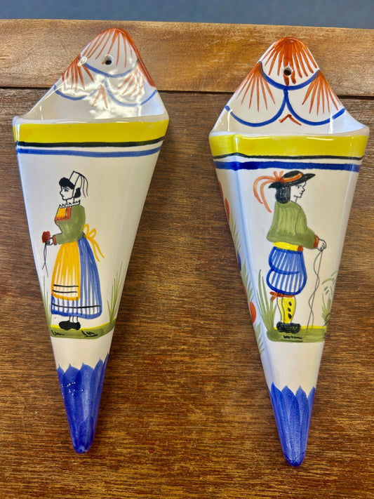 Multicolor Quimper Breton Wall Vase Set 2pcs, 8"